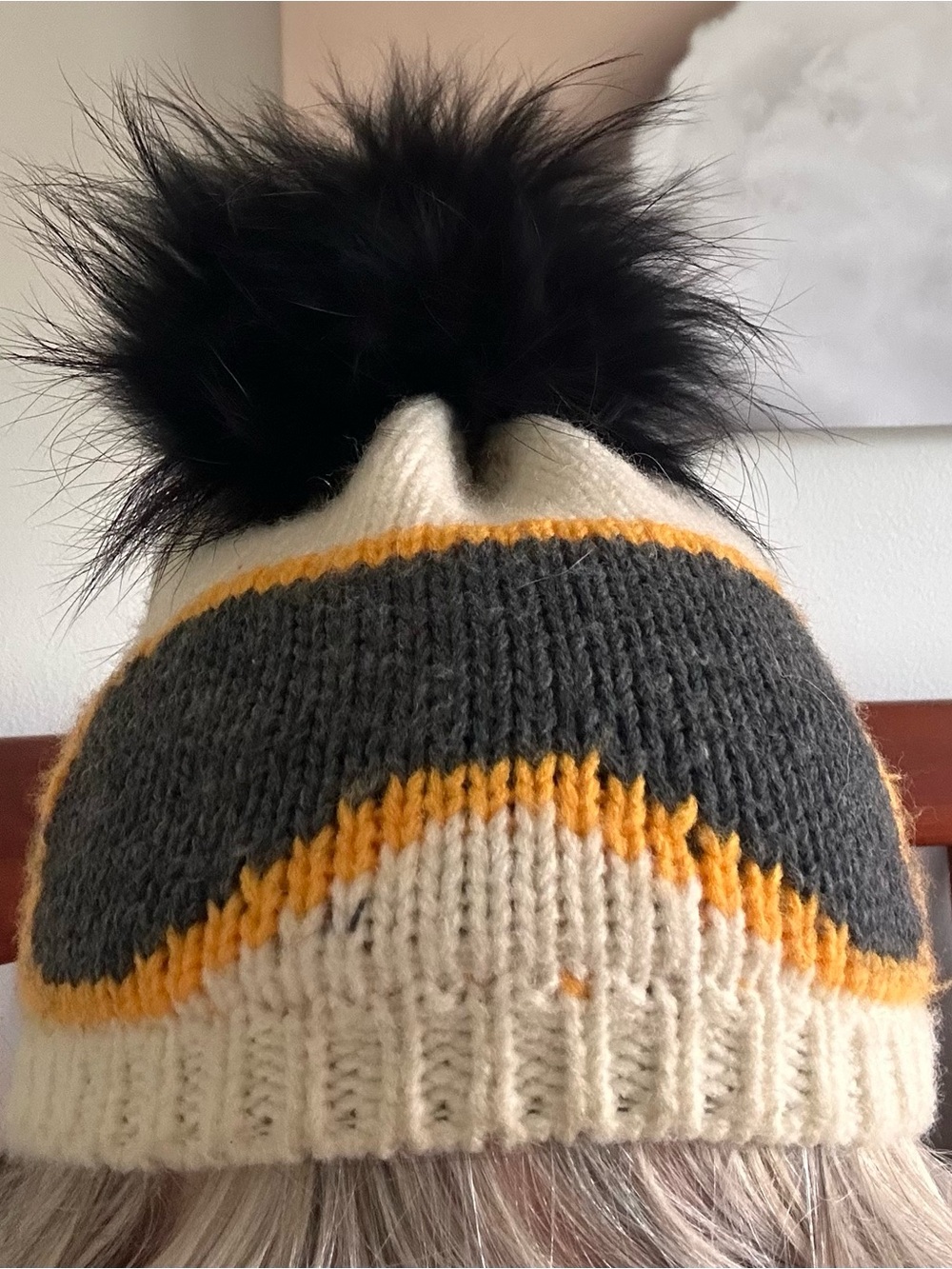 Cream, Gray & Yellow Black Feather Pom Beanie Hat